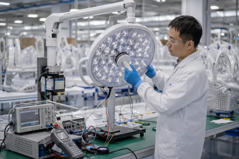 Quality inspection of LED surgical operating room lights before shipment.webp