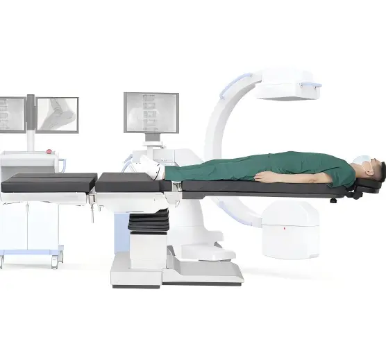 surgical table with C-arm and surgical lights in operating room.webp